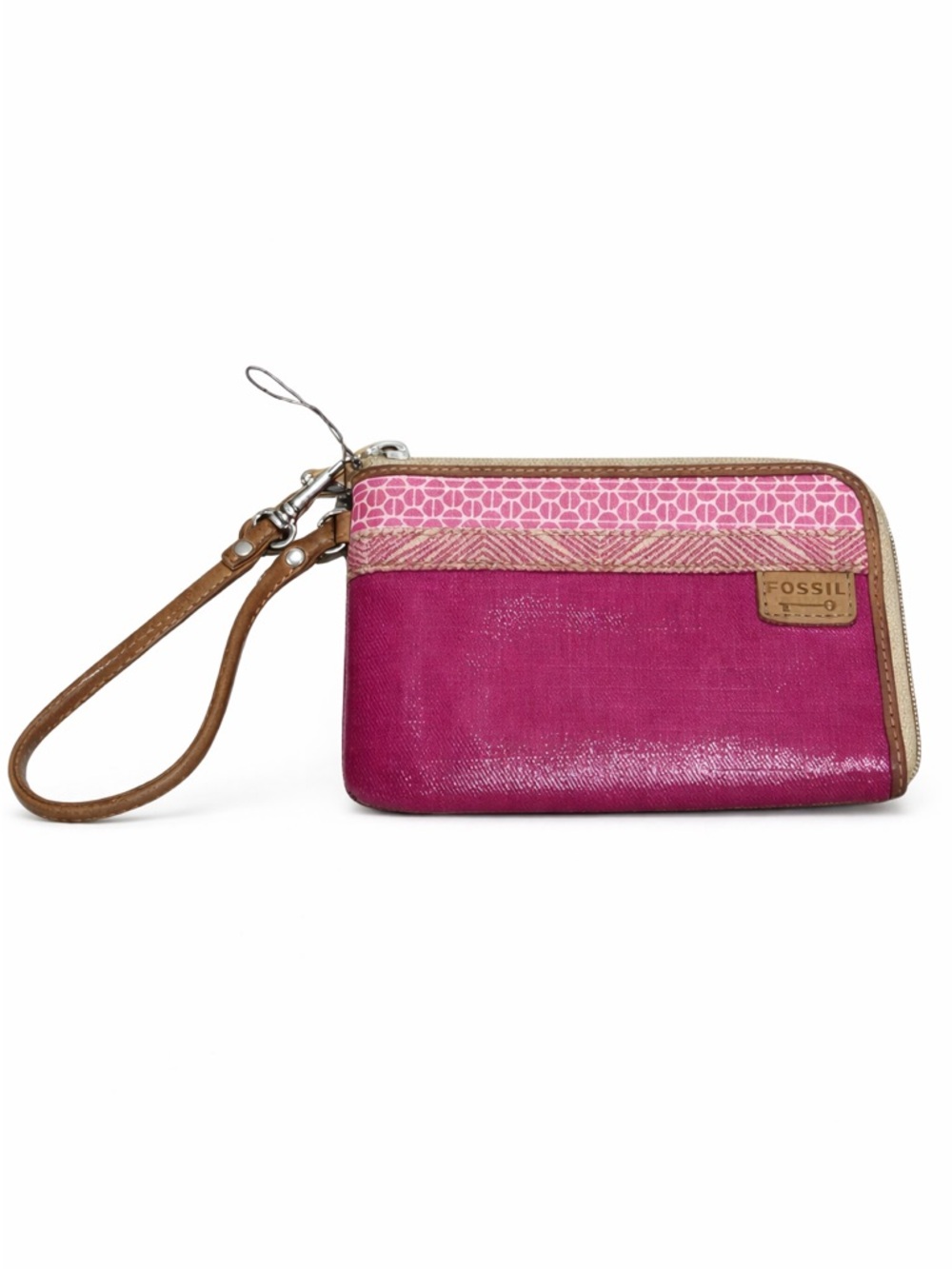 Fossil Key Per Pink Zip Wristlet Wallet Coated Canvas Leather Trim - Picture 2 of 7